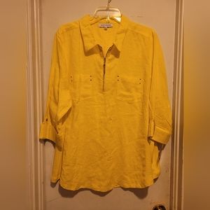NWT Emily Daniels 3/4 Sleeve collar 1/2 zip 2 pocket shirt Lemon Drop